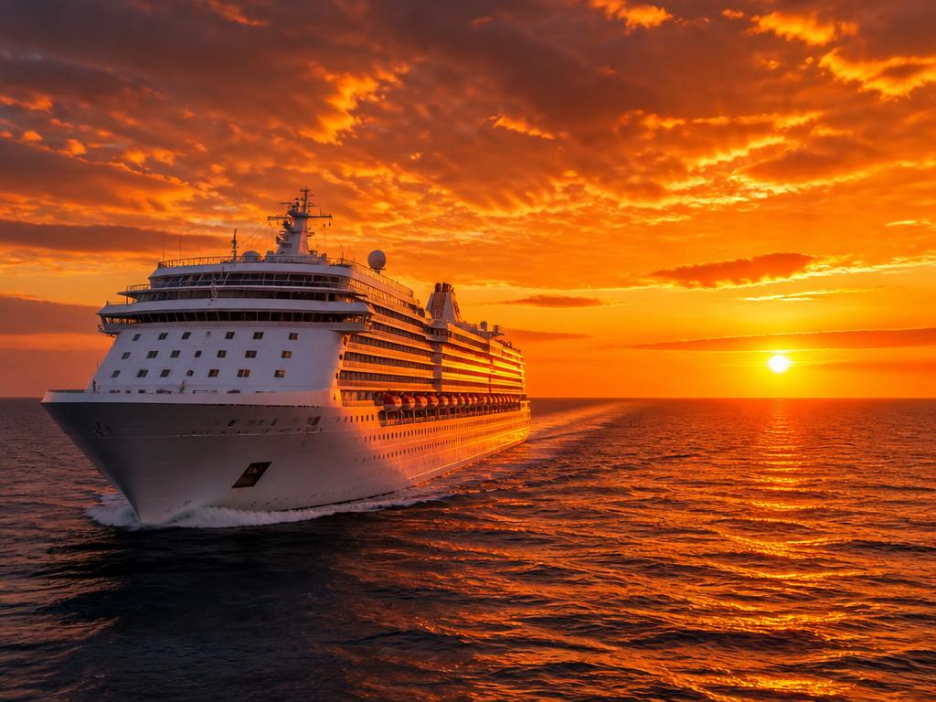 Luxury cruise ship sailing on the open ocean at sunset