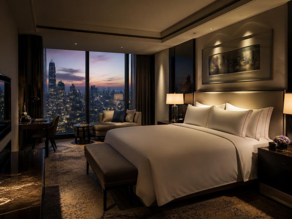 Luxury hotel suite with a city skyline view at dusk