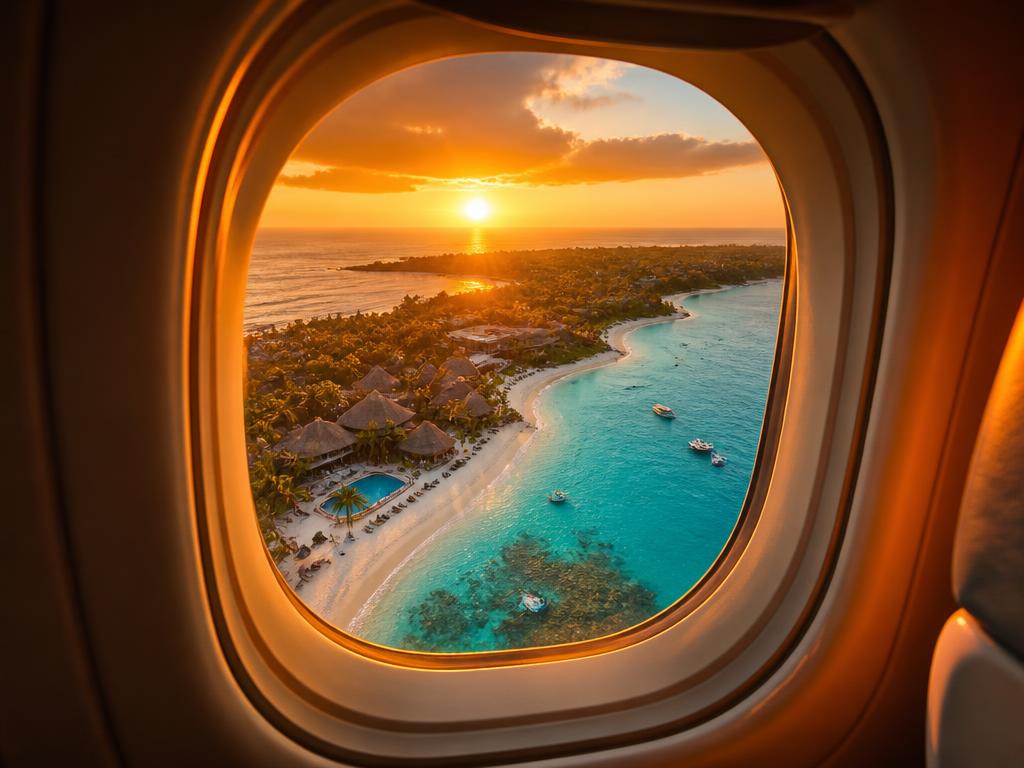 View of a tropical beach resort at sunset from an airplane window
